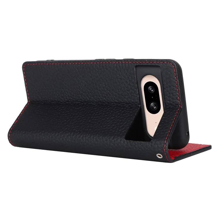 For Google Pixel 8 Case Litchi Texture Anti-scratch Genuine Cow Leather Phone Cover with Strap - Black
