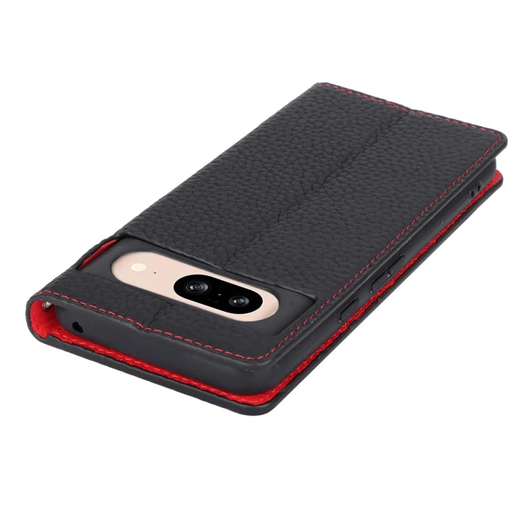 For Google Pixel 8 Case Litchi Texture Anti-scratch Genuine Cow Leather Phone Cover with Strap - Black