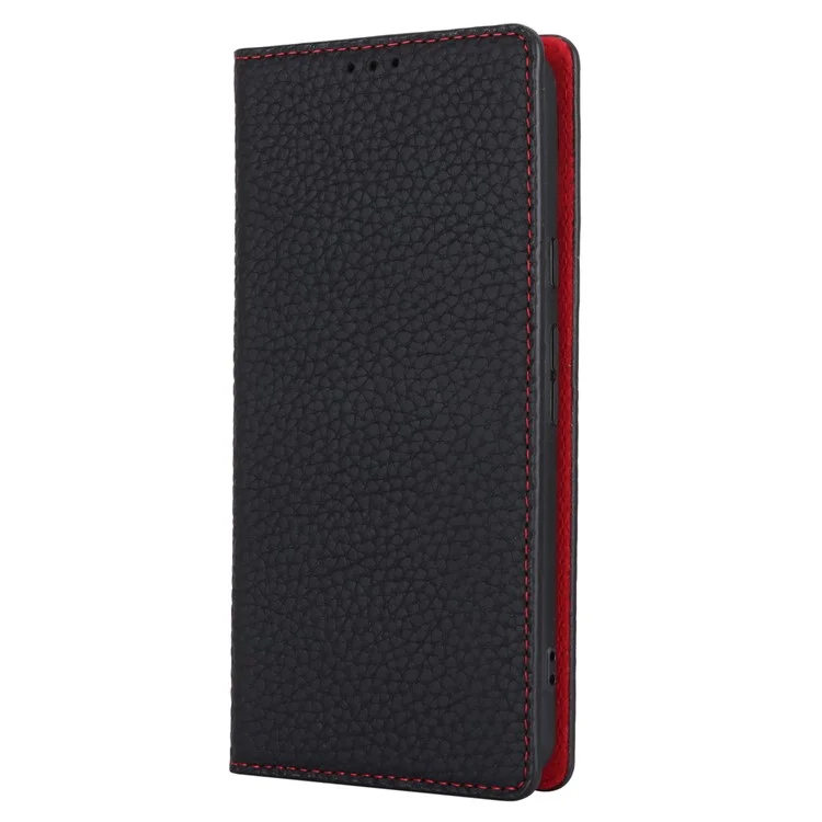 For Google Pixel 8 Case Litchi Texture Anti-scratch Genuine Cow Leather Phone Cover with Strap - Black