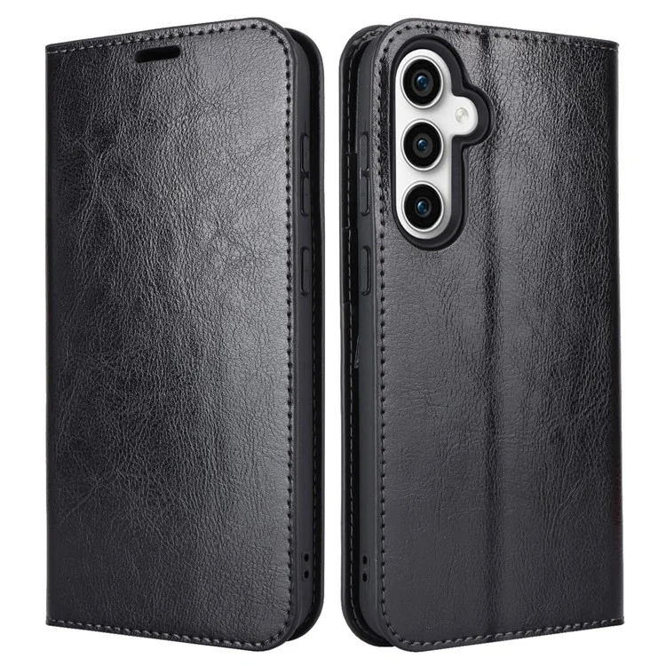 Per Samsung Galaxy S23 FE Case Crazy Horse Texture Genuine Split Leather Phone Cover con supporto e portafoglio - Nero
