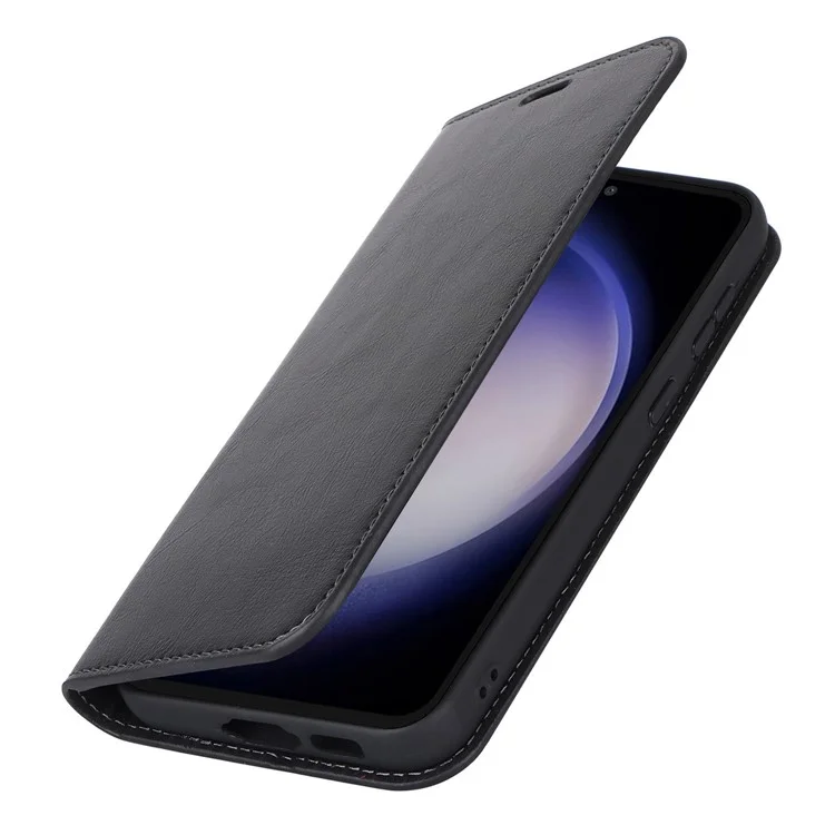 Per Samsung Galaxy S23 FE Case Crazy Horse Texture Genuine Split Leather Phone Cover con supporto e portafoglio - Nero