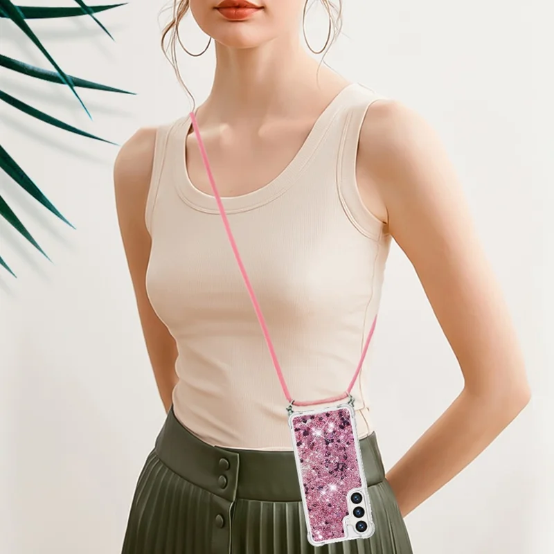 Für Samsung Galaxy S24+ TPU-Hülle mit Quicksand-Design und Lanyard - Roségold / Herzen