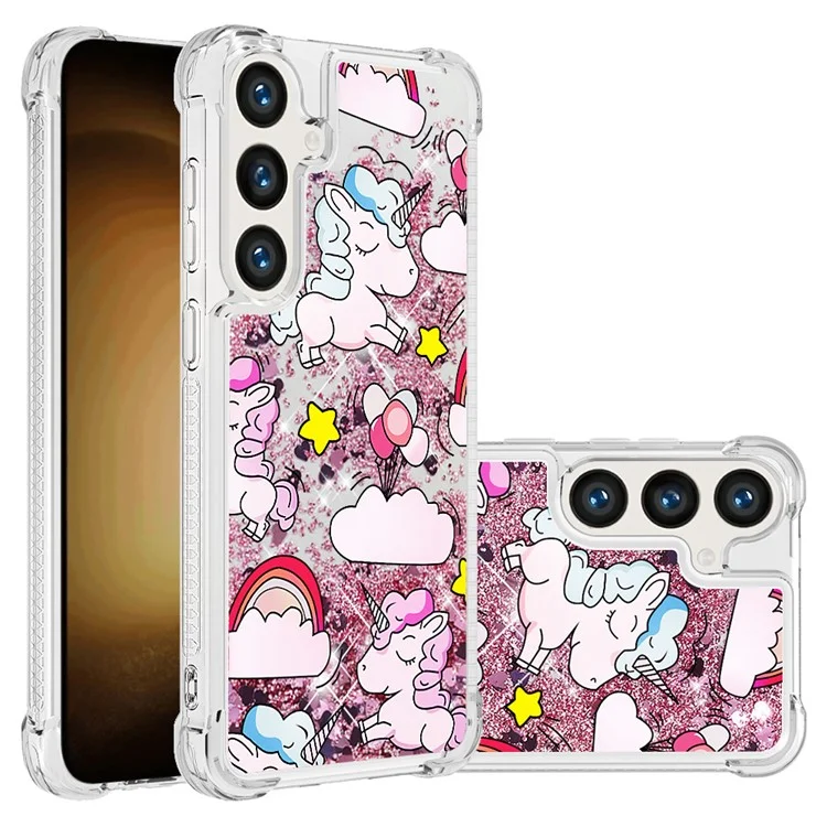 Série Quicksand YB-2 pour étui Galaxy S24+ de Samsung - Motif liquide à paillettes TPU Couverture - Joli cheval et nuages