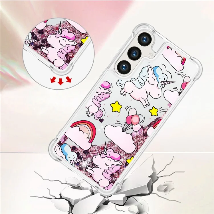 Série Quicksand YB-2 pour étui Galaxy S24+ de Samsung - Motif liquide à paillettes TPU Couverture - Joli cheval et nuages