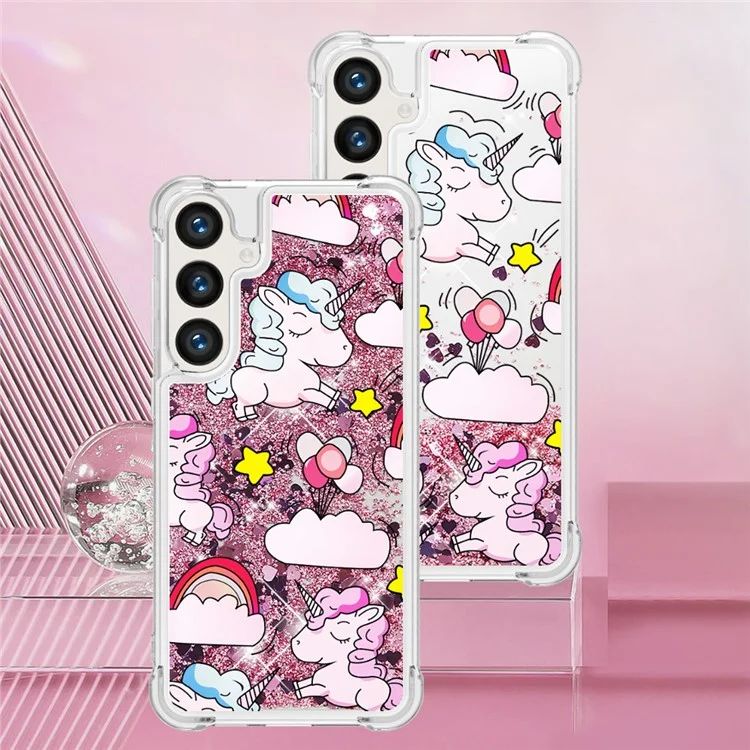 Série Quicksand YB-2 pour étui Galaxy S24+ de Samsung - Motif liquide à paillettes TPU Couverture - Joli cheval et nuages