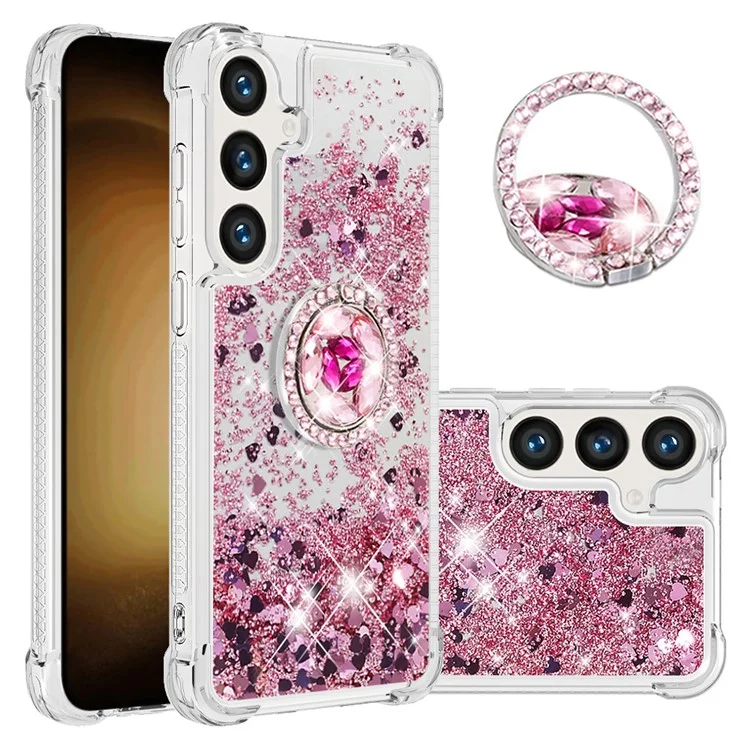 Série YB Quicksand-7 pour Samsung Galaxy S24 Étui TPU avec support Glitter Liquid Cover - Or rose / Cœurs