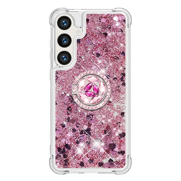 Série YB Quicksand-7 pour Samsung Galaxy S24 Étui TPU avec support Glitter Liquid Cover - Or rose / Cœurs
