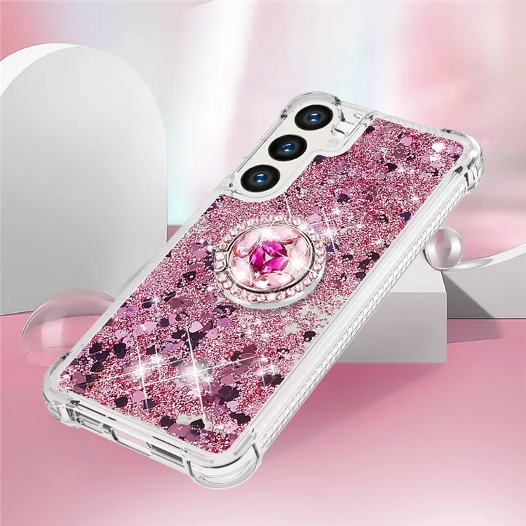 Série YB Quicksand-7 pour Samsung Galaxy S24 Étui TPU avec support Glitter Liquid Cover - Or rose / Cœurs