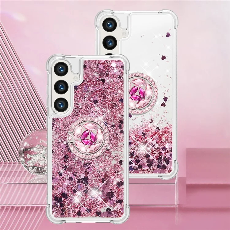 Série YB Quicksand-7 pour Samsung Galaxy S24 Étui TPU avec support Glitter Liquid Cover - Or rose / Cœurs
