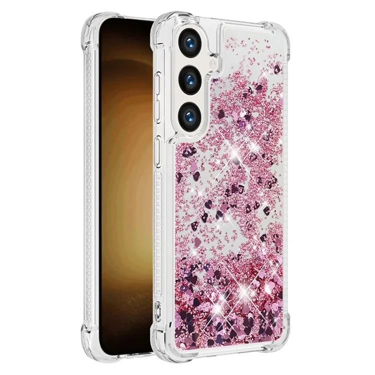 YB Quicksand Series-1 Hülle für Samsung Galaxy S24 - Flüssige Glitter-Pailletten TPU-Abdeckung - Rose Gold / Herzen