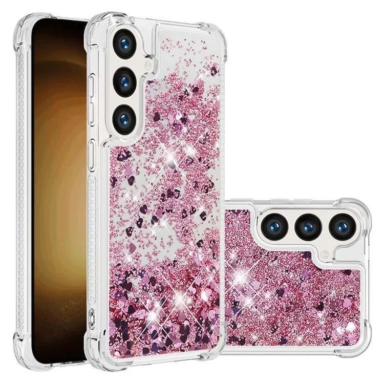 YB Quicksand Series-1 Hülle für Samsung Galaxy S24 - Flüssige Glitter-Pailletten TPU-Abdeckung - Rose Gold / Herzen
