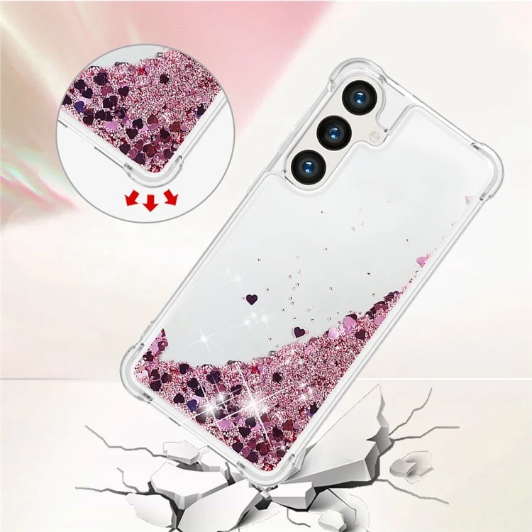 YB Quicksand Series-1 Hülle für Samsung Galaxy S24 - Flüssige Glitter-Pailletten TPU-Abdeckung - Rose Gold / Herzen