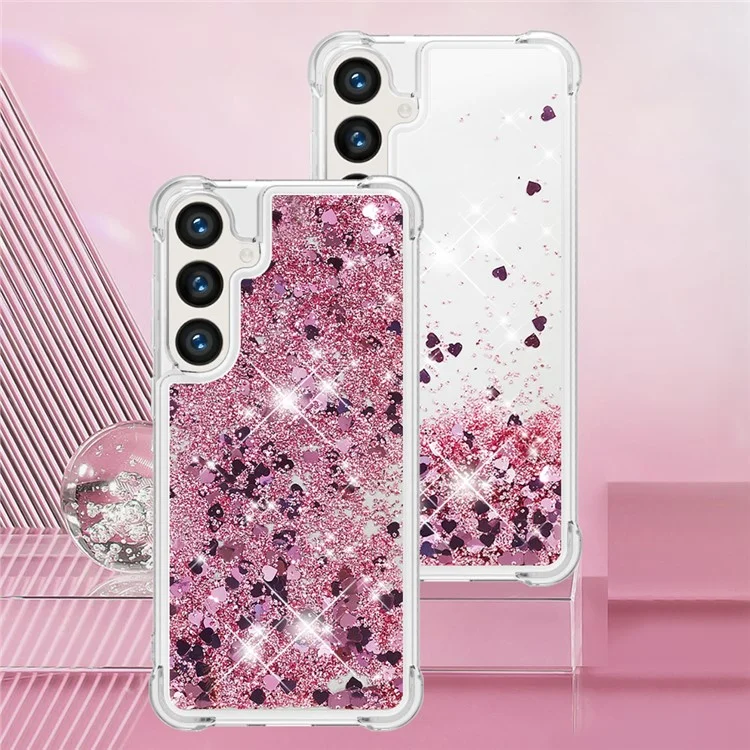 YB Quicksand Series-1 Hülle für Samsung Galaxy S24 - Flüssige Glitter-Pailletten TPU-Abdeckung - Rose Gold / Herzen