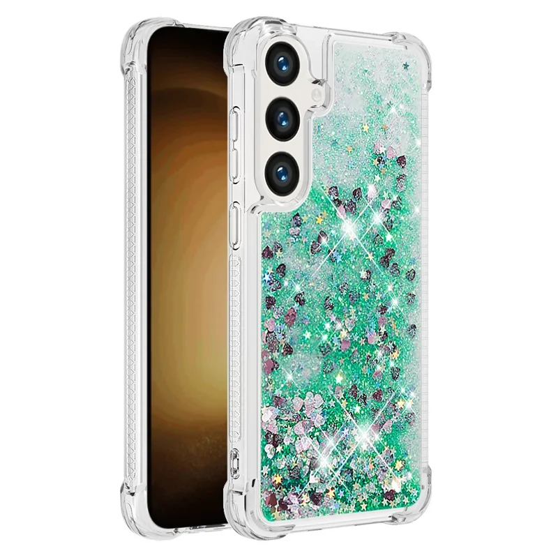 For Samsung Galaxy S24 TPU Case Glitter Quicksand Shockproof Phone Back Cover - Green / Hearts