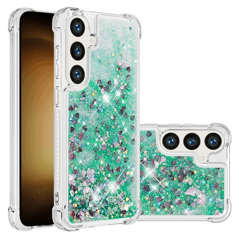 For Samsung Galaxy S24 TPU Case Glitter Quicksand Shockproof Phone Back Cover - Green / Hearts