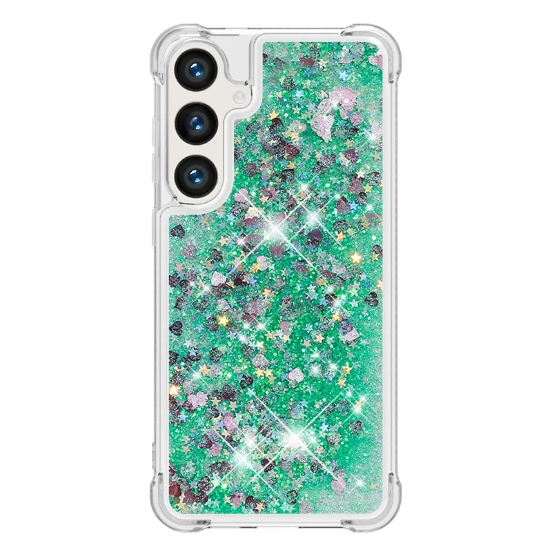 For Samsung Galaxy S24 TPU Case Glitter Quicksand Shockproof Phone Back Cover - Green / Hearts