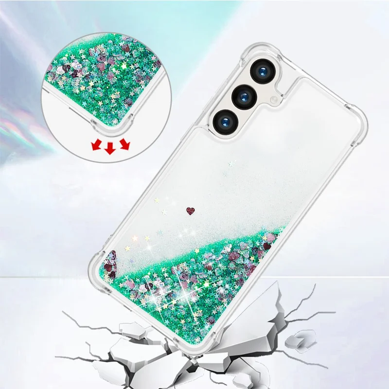 For Samsung Galaxy S24 TPU Case Glitter Quicksand Shockproof Phone Back Cover - Green / Hearts