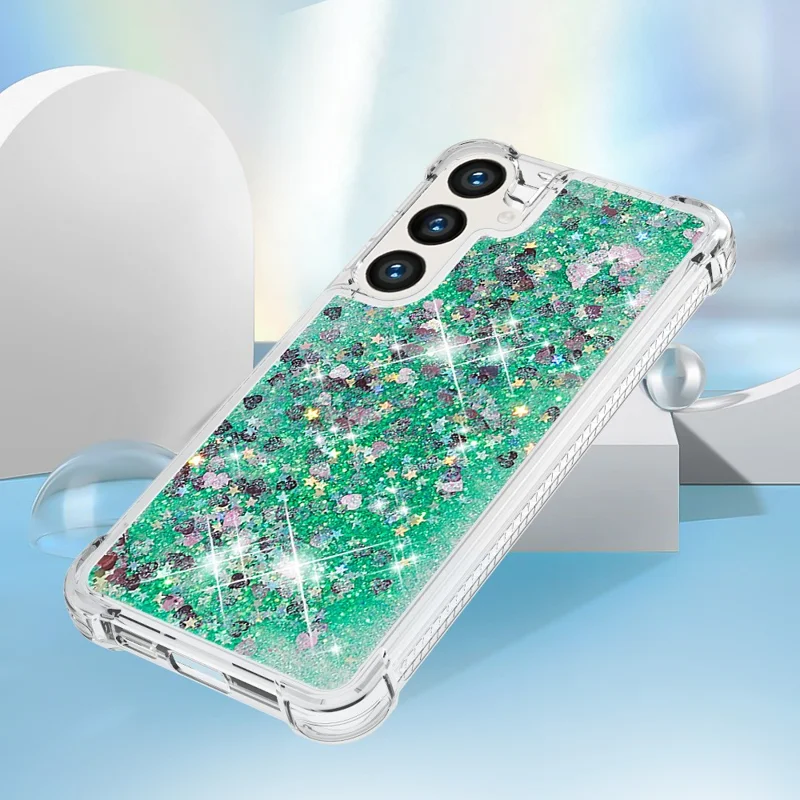 For Samsung Galaxy S24 TPU Case Glitter Quicksand Shockproof Phone Back Cover - Green / Hearts