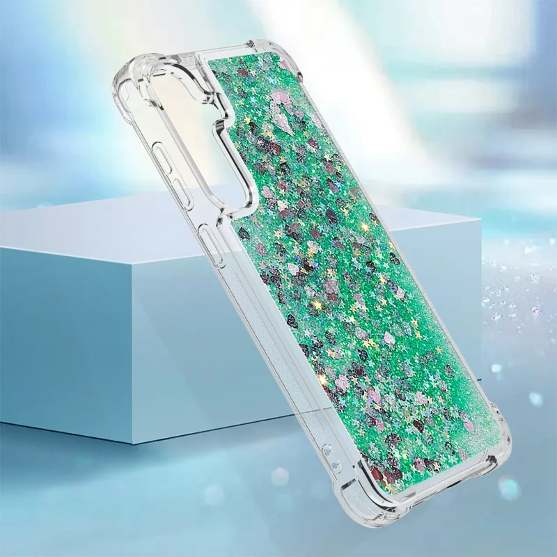 For Samsung Galaxy S24 TPU Case Glitter Quicksand Shockproof Phone Back Cover - Green / Hearts