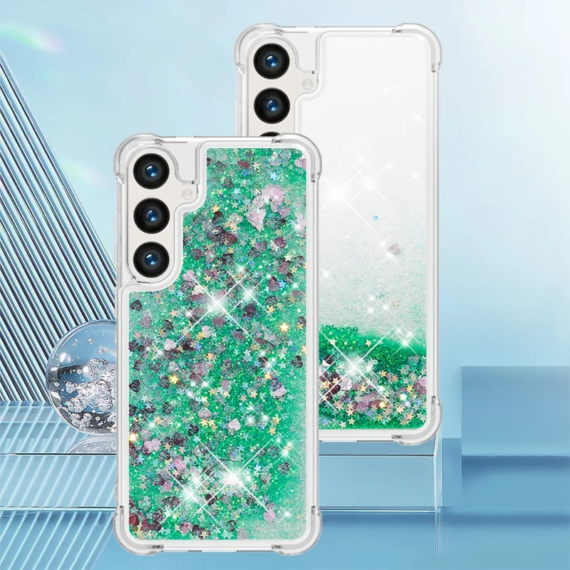 For Samsung Galaxy S24 TPU Case Glitter Quicksand Shockproof Phone Back Cover - Green / Hearts