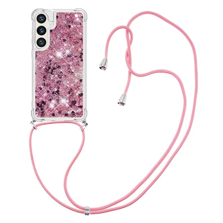 YB Quicksand Series-4 für Samsung Galaxy S24 Hülle TPU Quicksand Handyhülle mit Lanyard - Roségold / Herzen