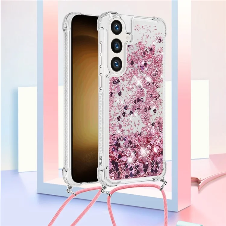 YB Quicksand Series-4 für Samsung Galaxy S24 Hülle TPU Quicksand Handyhülle mit Lanyard - Roségold / Herzen