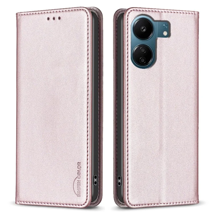 BINFEN COLOR BF18 For Xiaomi Redmi 13C 4G / 13C 5G / 13R 5G / Poco M6 5G / Poco C65 4G Case Folio Flip PU Leather Phone Cover - Rose Gold