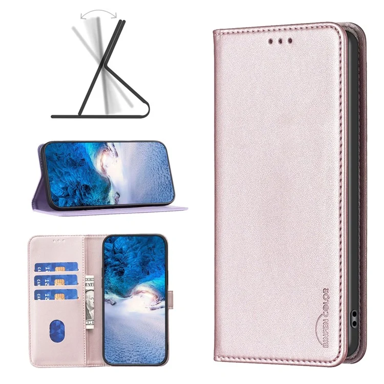 BINFEN COLOR BF18 For Xiaomi Redmi 13C 4G / 13C 5G / 13R 5G / Poco M6 5G / Poco C65 4G Case Folio Flip PU Leather Phone Cover - Rose Gold