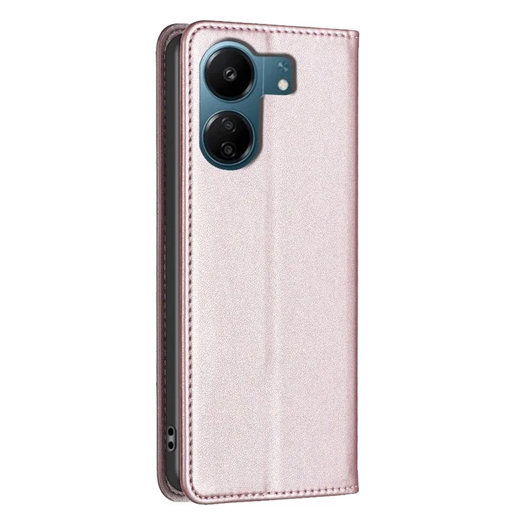 BINFEN COLOR BF18 For Xiaomi Redmi 13C 4G / 13C 5G / 13R 5G / Poco M6 5G / Poco C65 4G Case Folio Flip PU Leather Phone Cover - Rose Gold