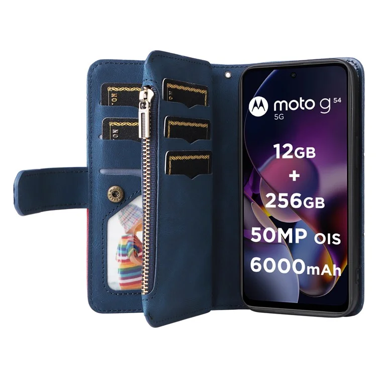 KT Multi-function Series-5 For Motorola Moto G54 5G Case Leather Phone Stand Cover Magnetic Splicing Wallet - Azul
