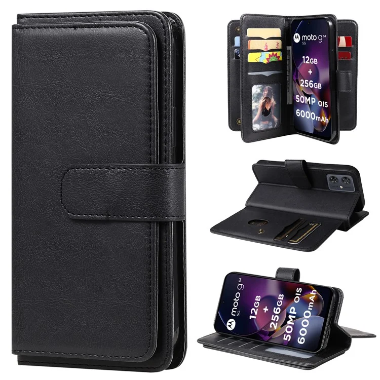 KT Multi-functional Series-1 Para Capa Motorola Moto G54 5G Case 10 Slots de Cartão Carteira de Couro - Preto
