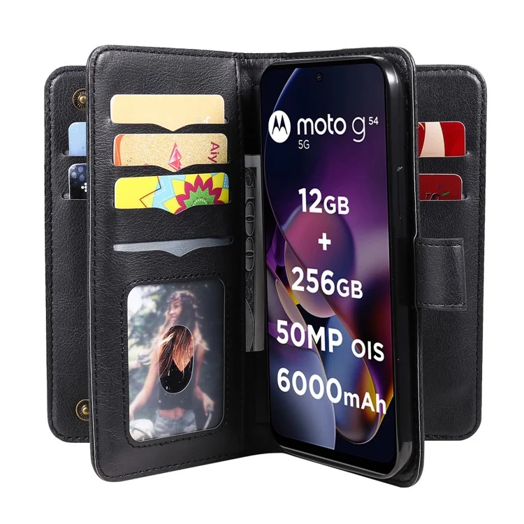 KT Multi-functional Series-1 Para Capa Motorola Moto G54 5G Case 10 Slots de Cartão Carteira de Couro - Preto