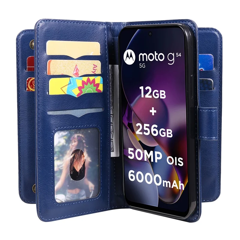 For Motorola Moto G54 5G Leather Case with 10 Card Holder Phone Cover Stand - Blue