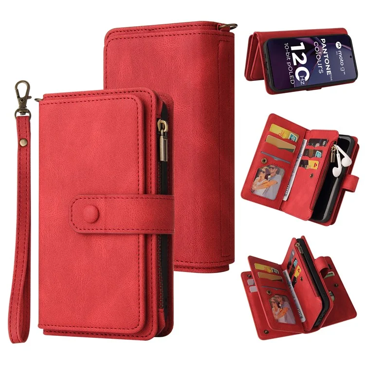 For Motorola Moto G84 5G Zipper Wallet Case with 15 Card Slots and Strap Leather Phone Cover - Red