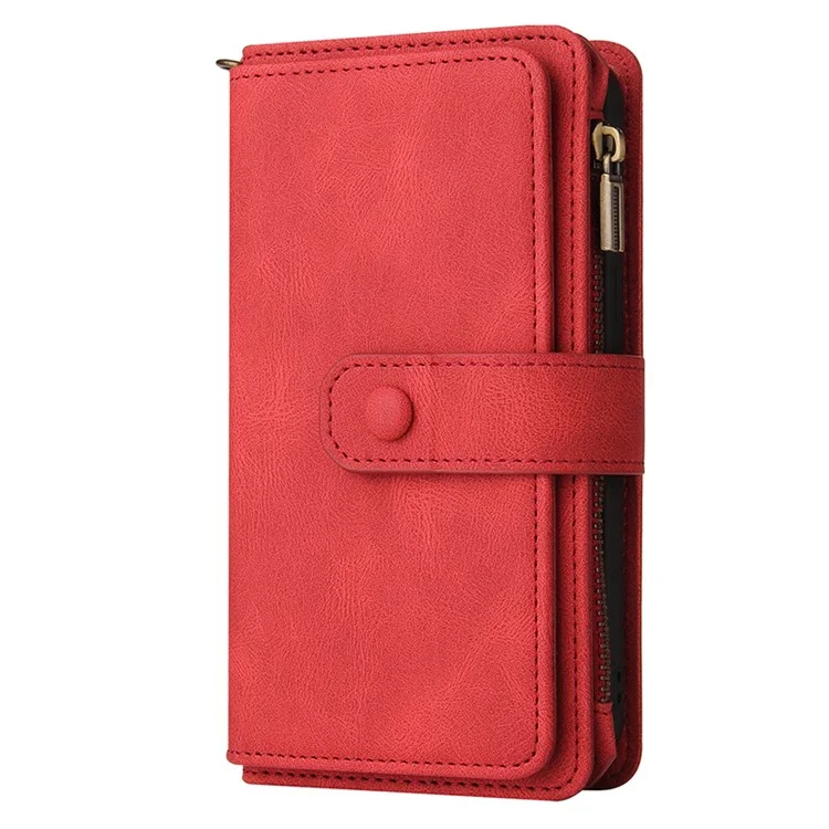 For Motorola Moto G84 5G Zipper Wallet Case with 15 Card Slots and Strap Leather Phone Cover - Red