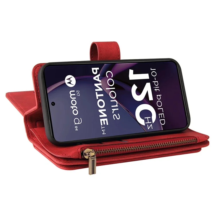 For Motorola Moto G84 5G Zipper Wallet Case with 15 Card Slots and Strap Leather Phone Cover - Red