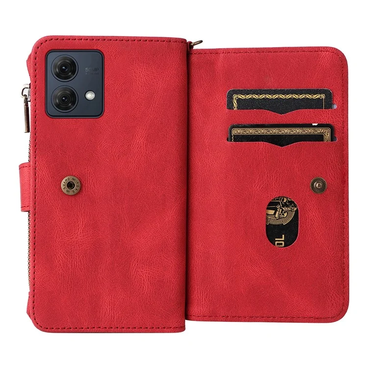 For Motorola Moto G84 5G Zipper Wallet Case with 15 Card Slots and Strap Leather Phone Cover - Red