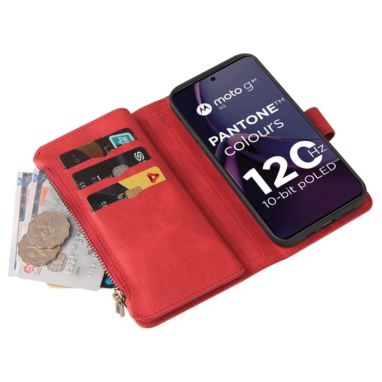 For Motorola Moto G84 5G Zipper Wallet Case with 15 Card Slots and Strap Leather Phone Cover - Red