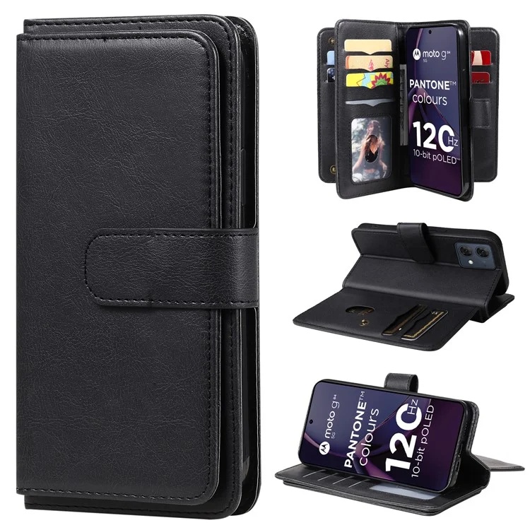 For Motorola Moto G84 5G Leather Case with 10 Card Holder Phone Cover Stand - Black