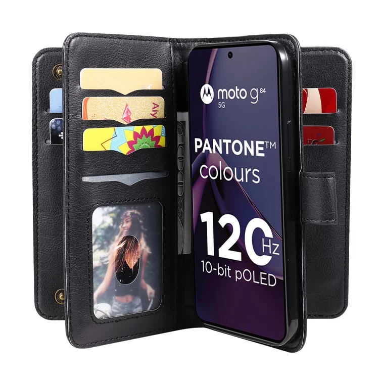 For Motorola Moto G84 5G Leather Case with 10 Card Holder Phone Cover Stand - Black