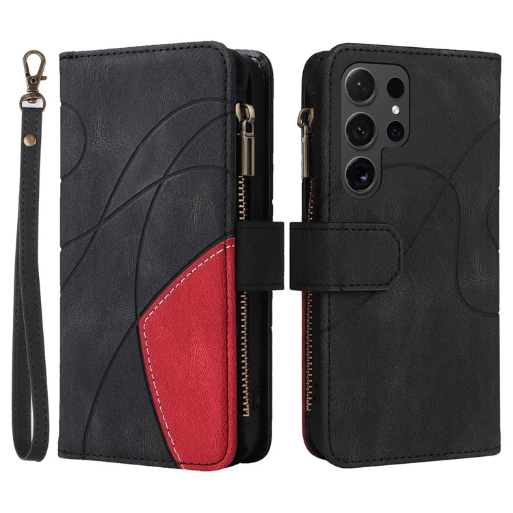 For Samsung Galaxy S24 Ultra Leather Case with Strap Zipper 9 Card Slot Phone Cover Stand - Black
