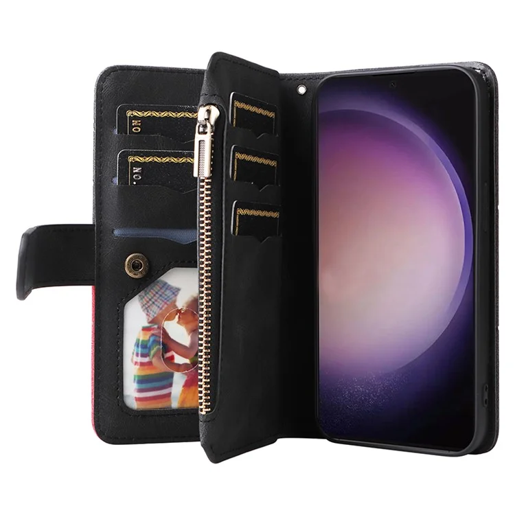 For Samsung Galaxy S24 Ultra Leather Case with Strap Zipper 9 Card Slot Phone Cover Stand - Black