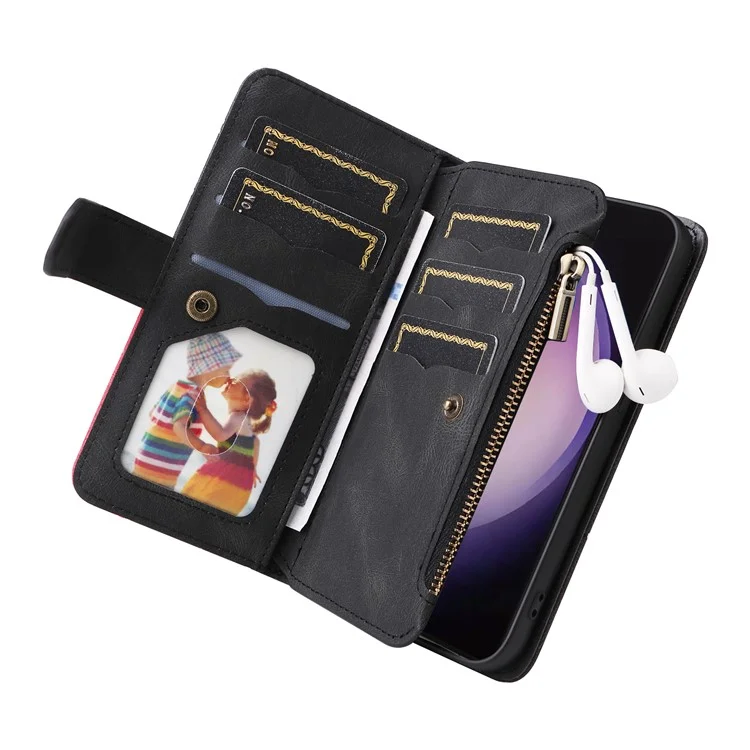 For Samsung Galaxy S24 Ultra Leather Case with Strap Zipper 9 Card Slot Phone Cover Stand - Black