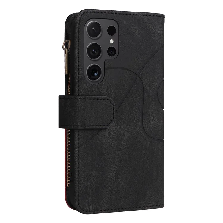 For Samsung Galaxy S24 Ultra Leather Case with Strap Zipper 9 Card Slot Phone Cover Stand - Black