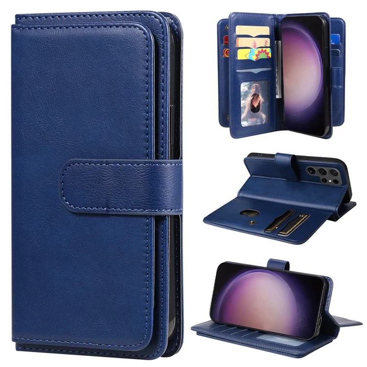 For Samsung Galaxy S24 Ultra Leather Case with 10 Card Holder Phone Cover Stand - Blue