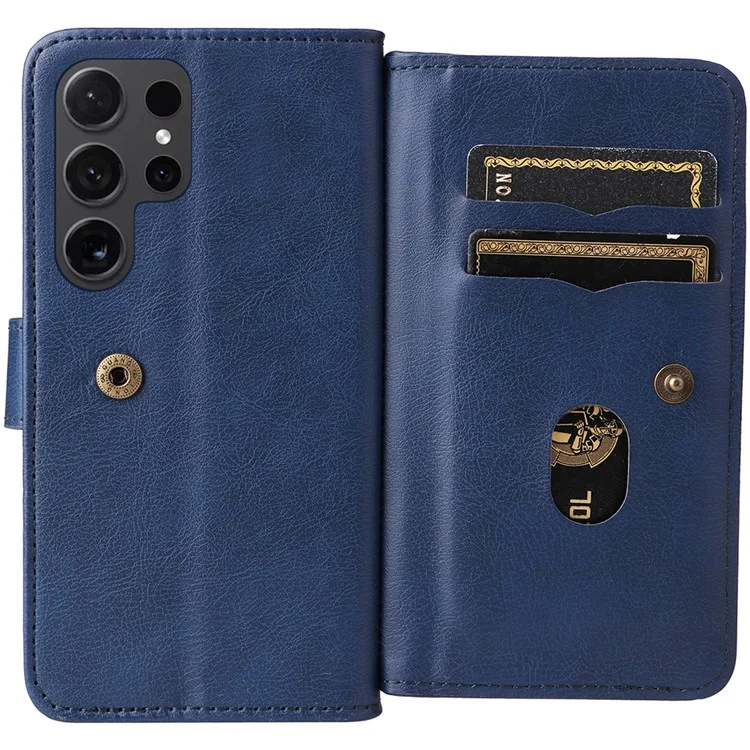 For Samsung Galaxy S24 Ultra Leather Case with 10 Card Holder Phone Cover Stand - Blue
