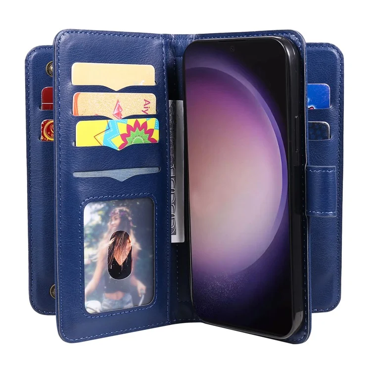 For Samsung Galaxy S24 Ultra Leather Case with 10 Card Holder Phone Cover Stand - Blue