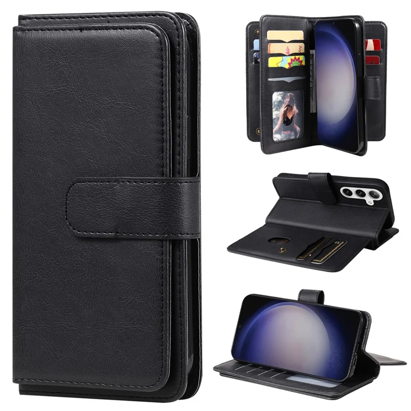 For Samsung Galaxy S25+ / S24+ Leather Case with 10 Card Holder Phone Cover Stand - Black
