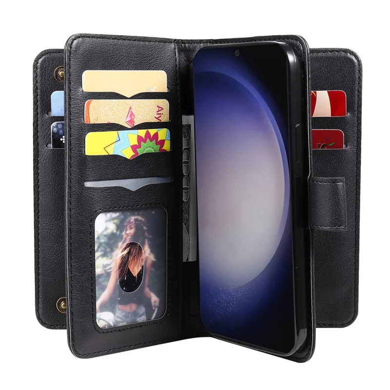 For Samsung Galaxy S25+ / S24+ Leather Case with 10 Card Holder Phone Cover Stand - Black