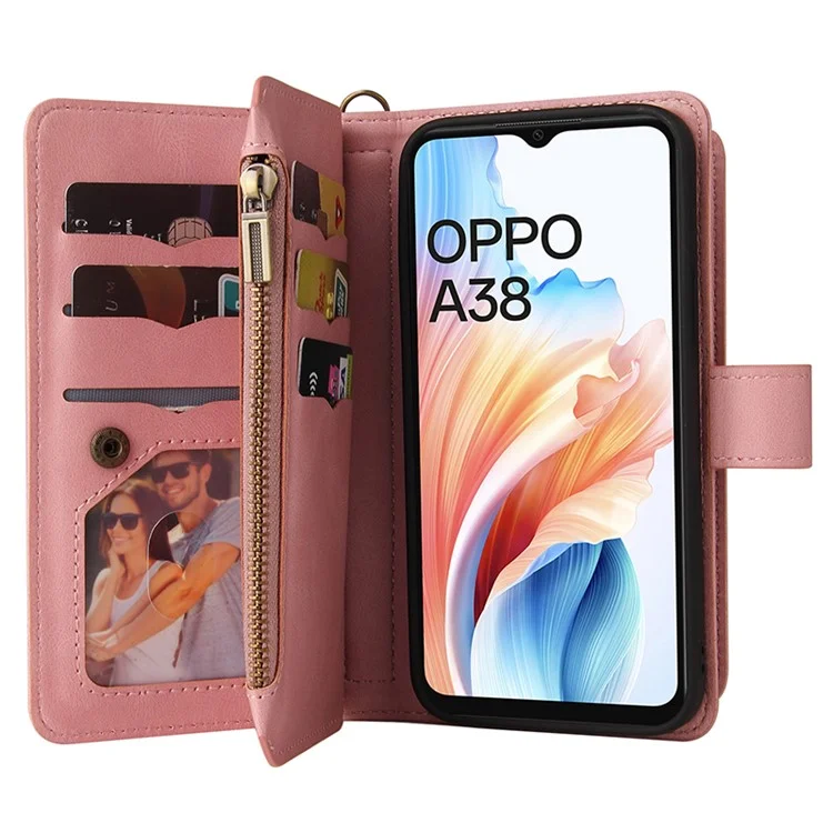 Série multifonctionnelle KT-2 pour étui Oppo A38 4G Multiples fentes pour cartes Housse en cuir zippée - Rose